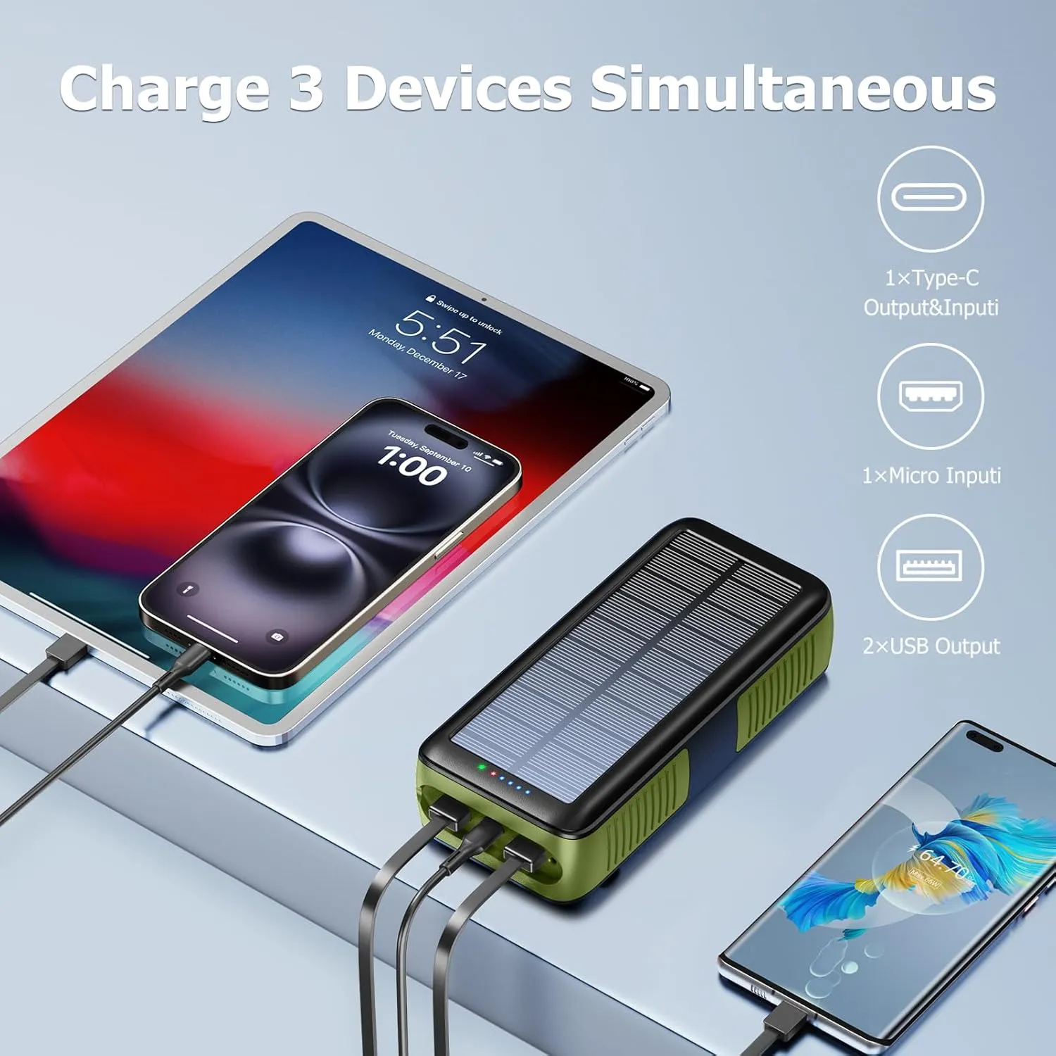 Solar Charger Power Bank 63200mAh, Portable Charger with Dual Outputs & Dual Inputs 4 LEDs Flashlight, Hand Crank Power Bank Fast Charging Battery Pack for Outdoor Camping Survival Gear
