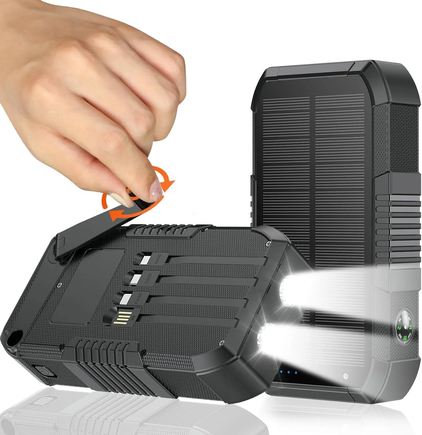Solar Charger Power Bank 66800mAh Built in Hand Crank and 4 Cables 22.5W Fast Charging PowerBank 6 Outputs & 4 Inputs SOS/Strobe/Strong Camping Flashlights, Compass Solar Portable Charger (Black)