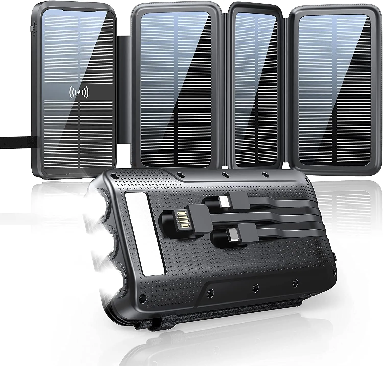 Solar Charger, Power Bank, Portable Charger,43800mAh QC3.0 Fast Charger Qi 10W Wireless Charger 4 Solar Panel Built-in 2 Kinds Output Cable and 680Lumen flashlights