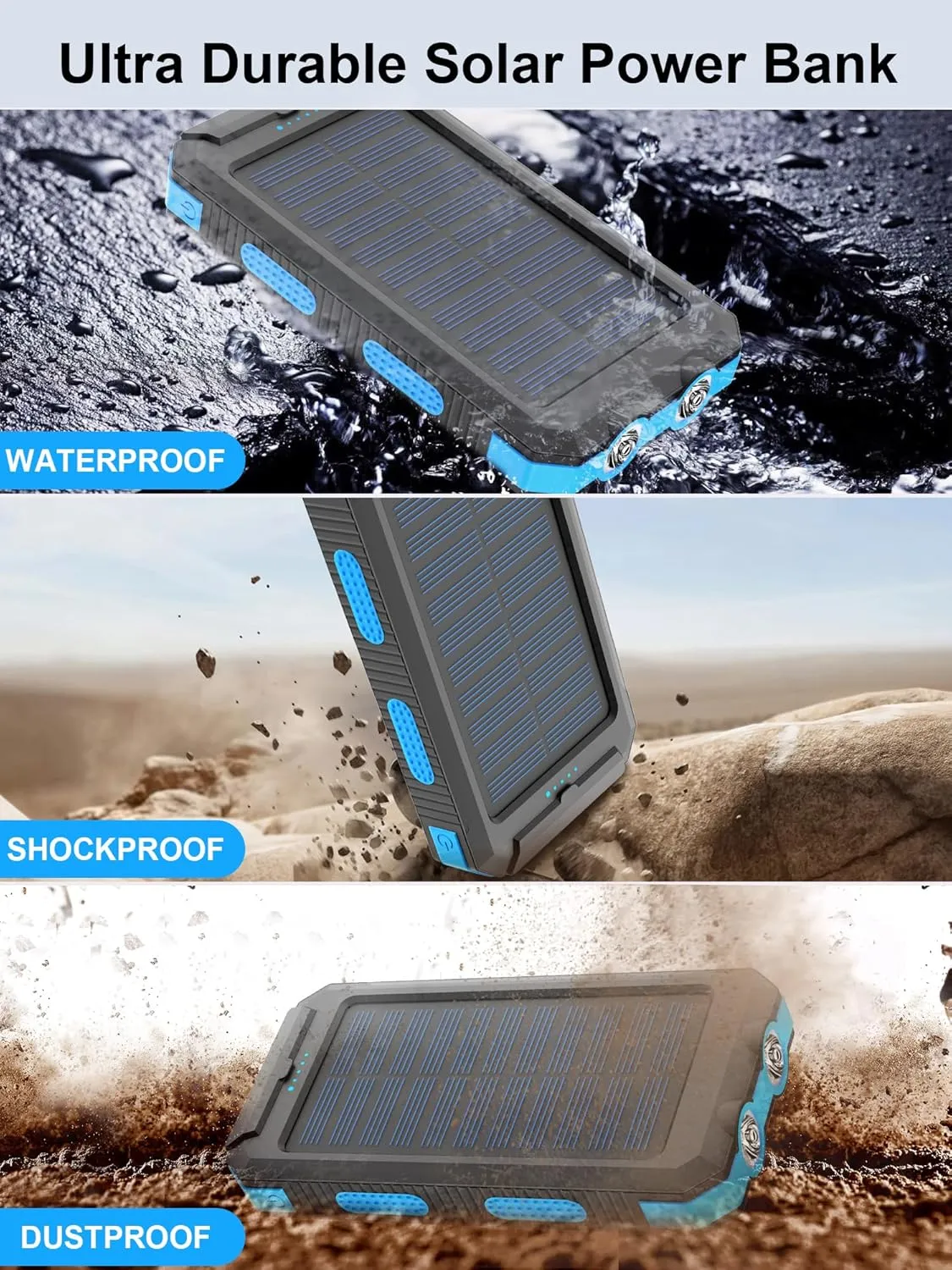 Solar Charger,38800mAh Solar Power Bank, Waterproof External Backup Battery Power Pack with USB C Input/Output/LED Flashlights Compatible with iPhone, Samsung, iPad, Suitable for Outdoor, Camping