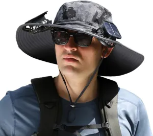Solar Fan Hat, 2025 Outdoor Wide Brim Sun Hat, Adjustable Range 56-60cm, Sun Bucket Fishing Hats, with 2 Solar Fans