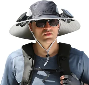 Solar Fan Hat for Men Women, Wide Brim Solar Fan Hat Outdoor Fishing, Solar and USB Charging, UPF 50  Bucket Fishing and Beach Hat