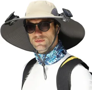 Solar Fan Hat for Men Women, Wide Brim Solar Fan Hat Outdoor Fishing, Solar and USB Charging, UPF 50  Bucket Fishing and Beach Hat