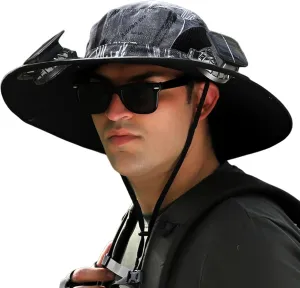 Solar Fan Hat, Men Sun Hat with 2 Solar Fan, Wide Brim Solar Fan Outdoor Fishing Hat-Solar & USB Charging