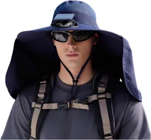 Solar Fan Hat Solar-Powered Cooling Hat with Built-in Fans Summer Drawstring Wide Brim Shawl Fishing Hats for Outdoor Hiking