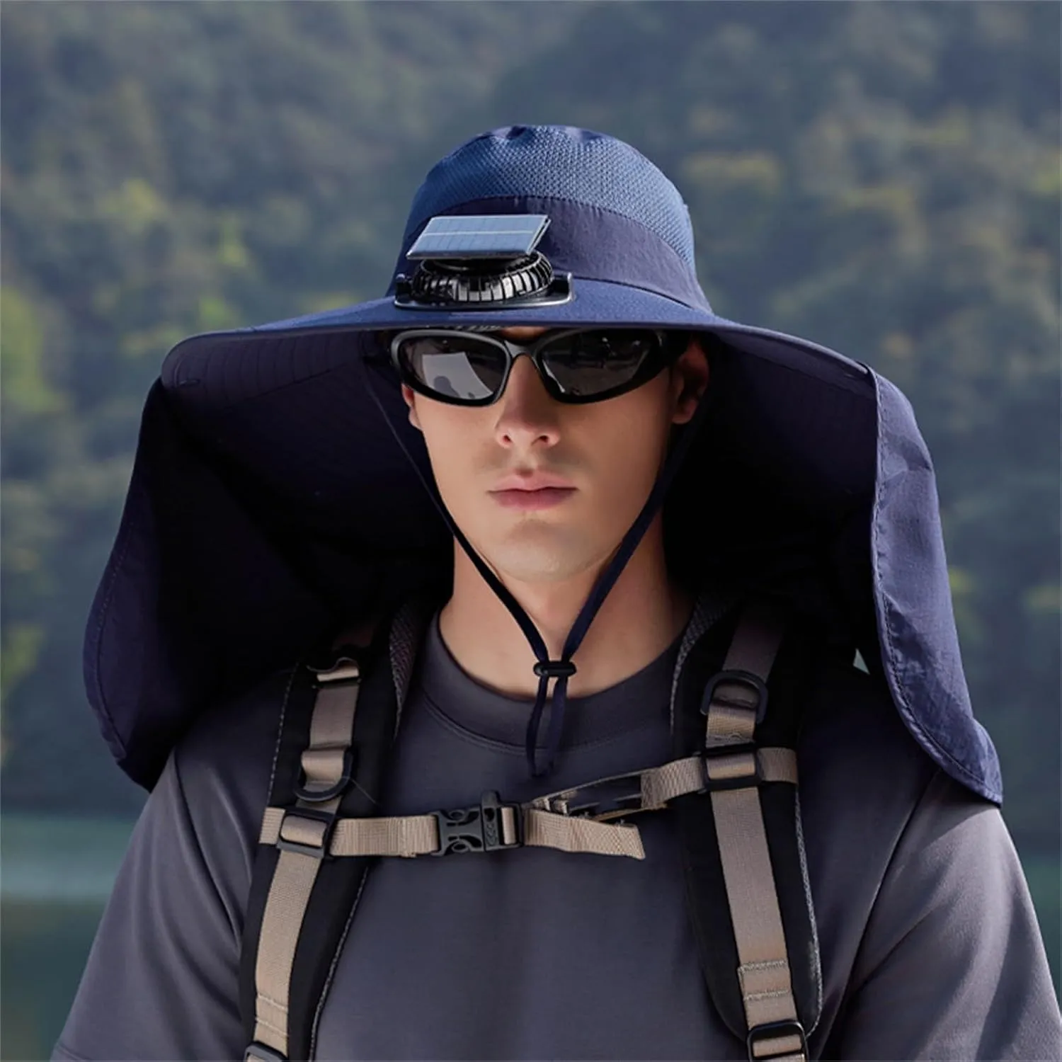 Solar Fan Hat Solar-Powered Cooling Hat with Built-in Fans Summer Drawstring Wide Brim Shawl Fishing Hats for Outdoor Hiking