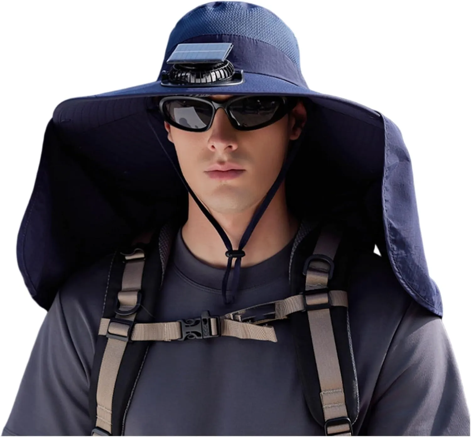 Solar Fan Hat Solar-Powered Cooling Hat with Built-in Fans Summer Drawstring Wide Brim Shawl Fishing Hats for Outdoor Hiking