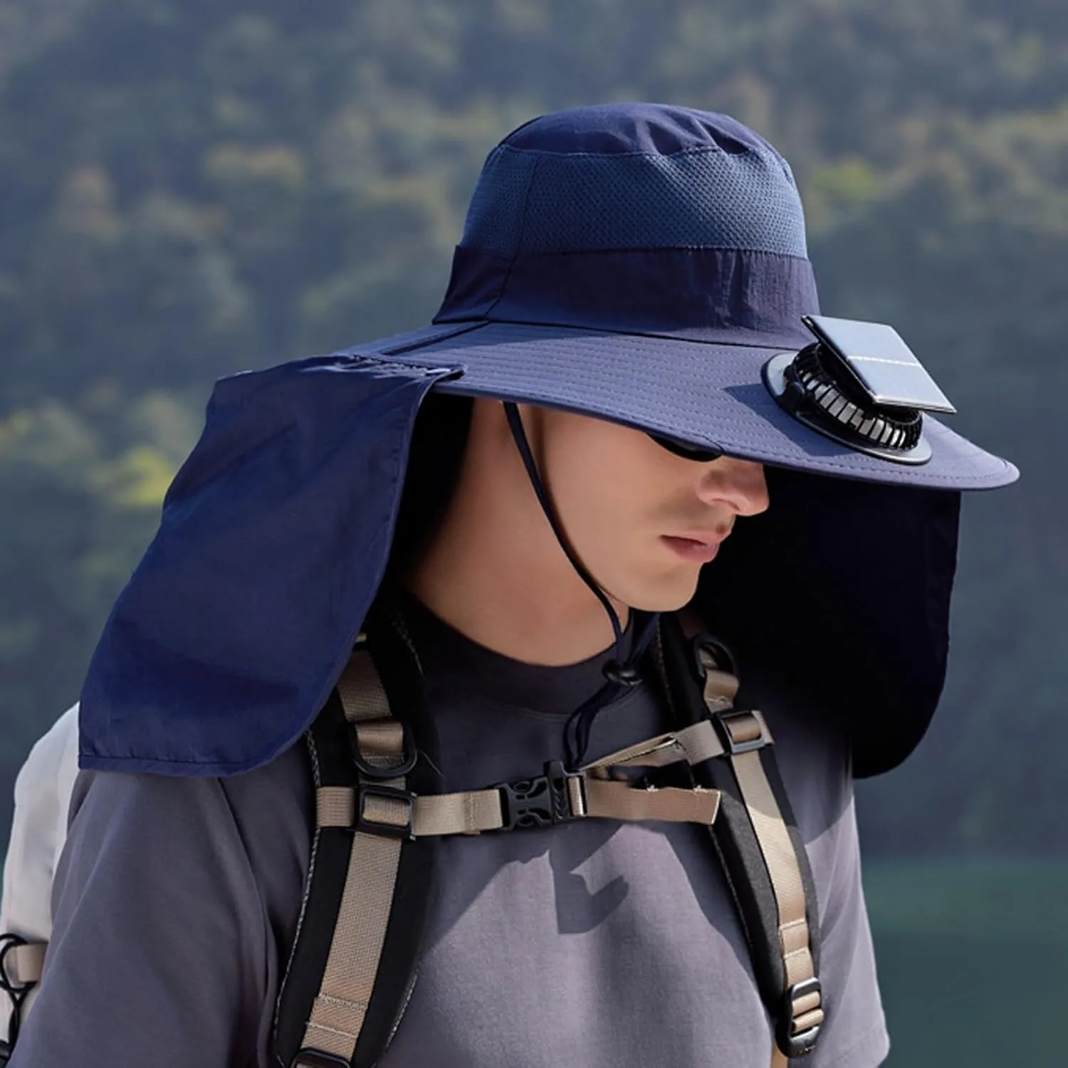Solar Fan Hat Solar-Powered Cooling Hat with Built-in Fans Summer Drawstring Wide Brim Shawl Fishing Hats for Outdoor Hiking