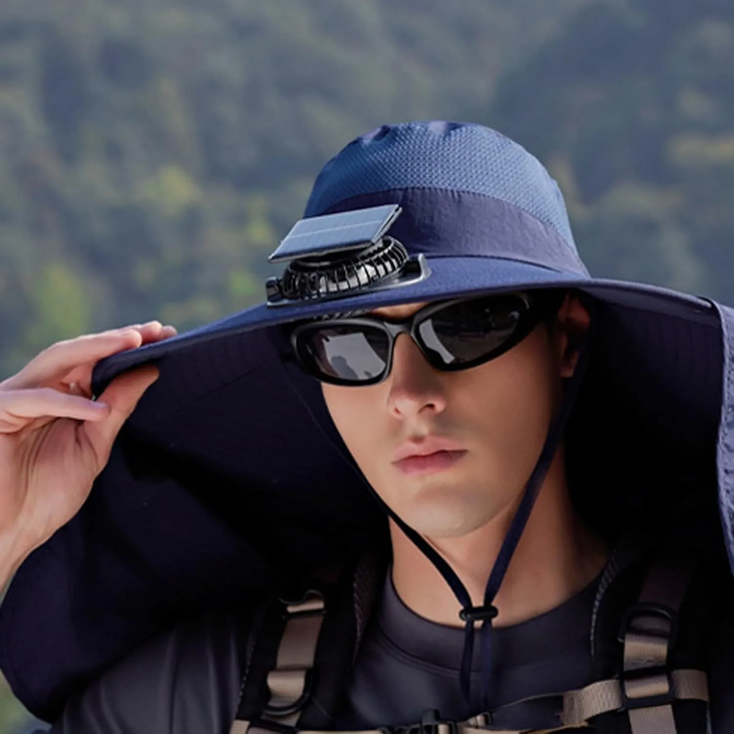 Solar Fan Hat Solar-Powered Cooling Hat with Built-in Fans Summer Drawstring Wide Brim Shawl Fishing Hats for Outdoor Hiking
