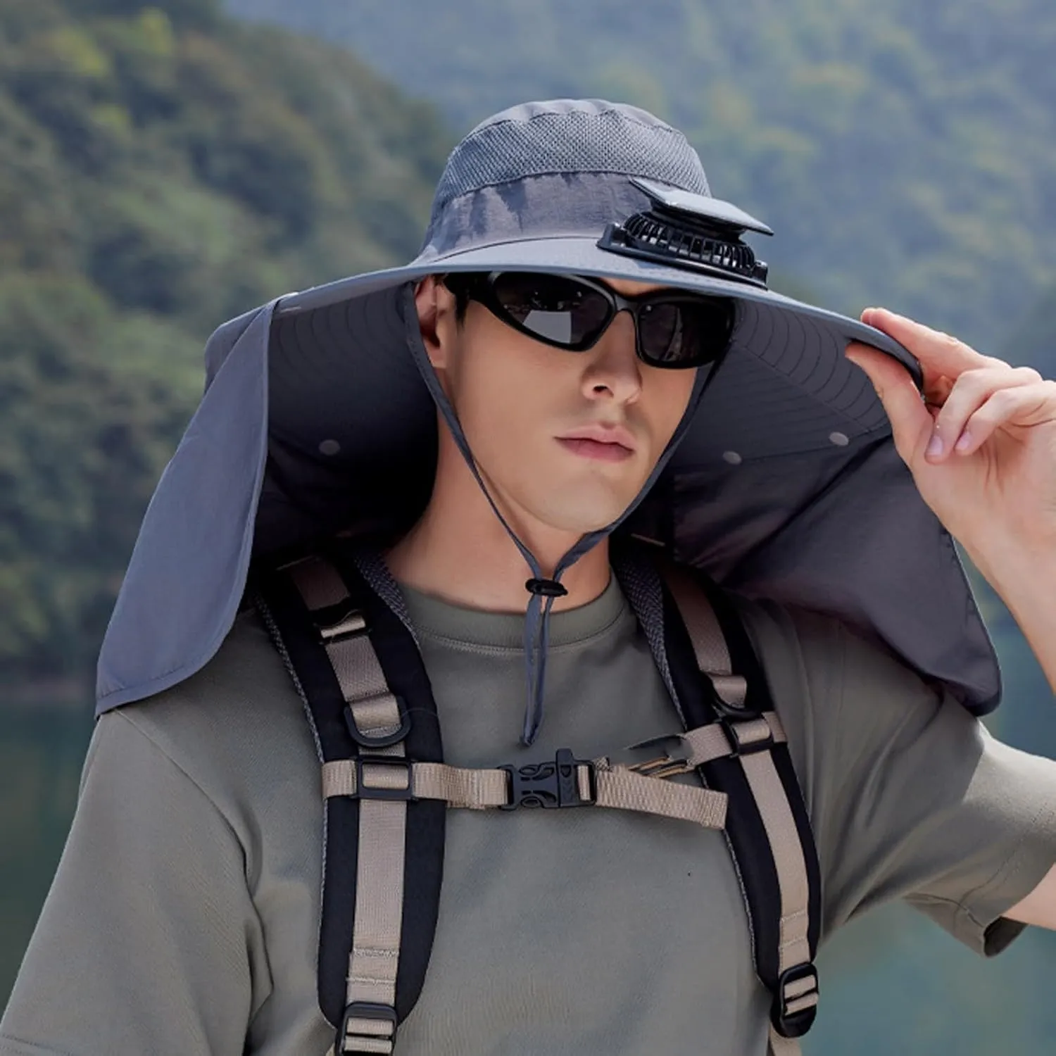 Solar Fan Hat Solar-Powered Cooling Hat with Built-in Fans Summer Drawstring Wide Brim Shawl Fishing Hats for Outdoor Hiking