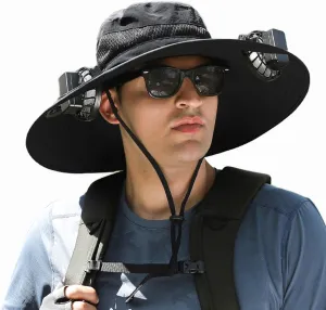 Solar Fan Hat, Wide Brim Solar Fan Outdoor Fishing Hat,Mens Sun Hat with 2 Solar Fan Fishing Hats Upf50 
