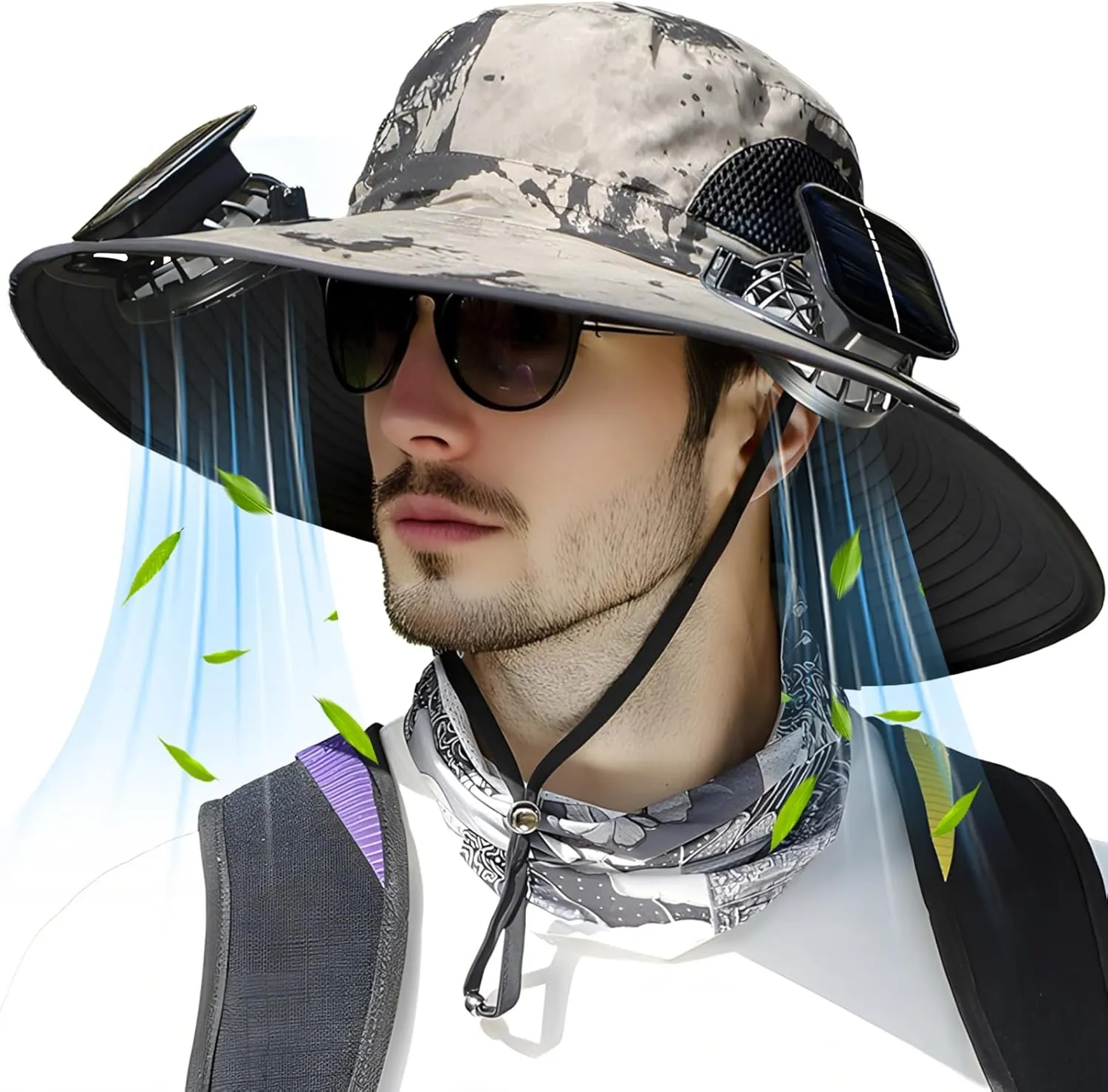 Solar Fan Hat, Wide Brim Sun Hat with 2 Built-in Solar Fans, UPF 50  Sun Protection Outdoor Fishing Hiking Camping Beach