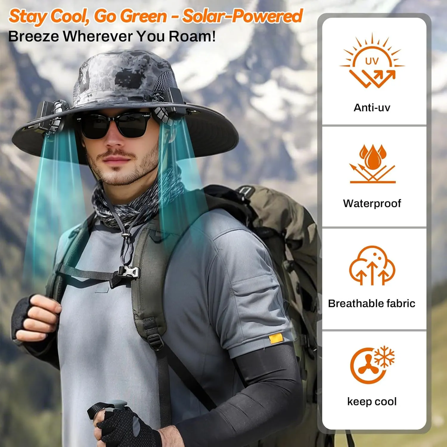 Solar Fan Hat, Wide Brim Sun Hat with 2 Built-in Solar Fans, UPF 50  Sun Protection Outdoor Fishing Hiking Camping Beach