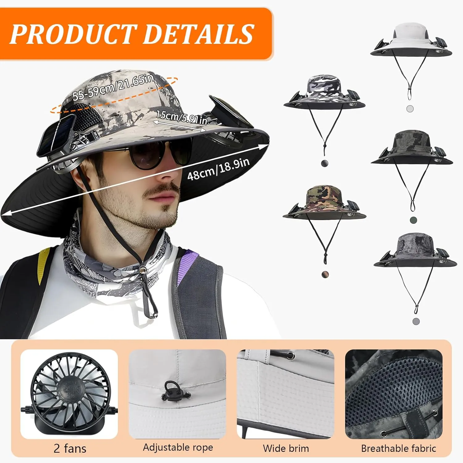 Solar Fan Hat, Wide Brim Sun Hat with 2 Built-in Solar Fans, UPF 50  Sun Protection Outdoor Fishing Hiking Camping Beach