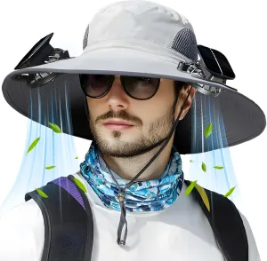 Solar Fan Hat, Wide Brim Sun Hat with 2 Built-in Solar Fans, UPF 50  Sun Protection Outdoor Fishing Hiking Camping Beach