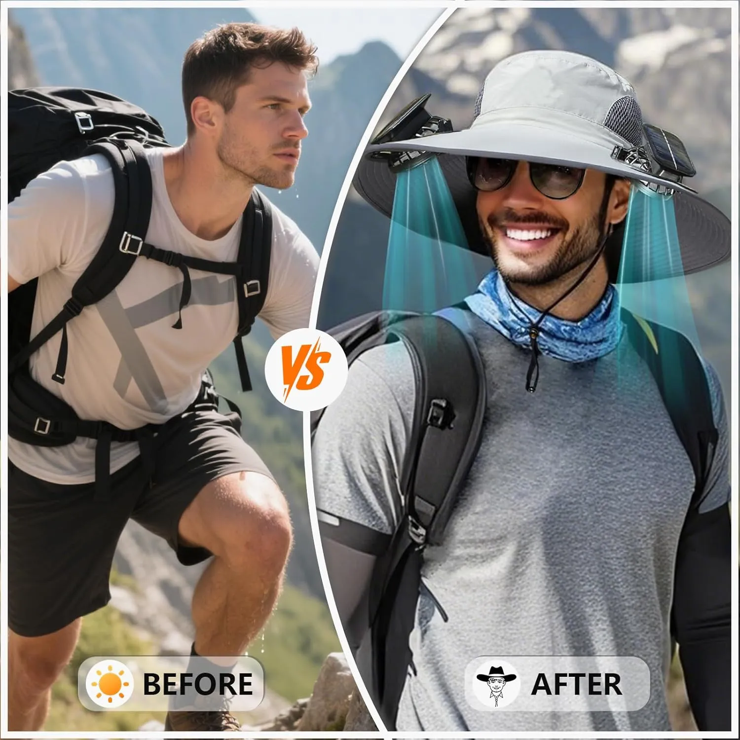 Solar Fan Hat, Wide Brim Sun Hat with 2 Built-in Solar Fans, UPF 50  Sun Protection Outdoor Fishing Hiking Camping Beach