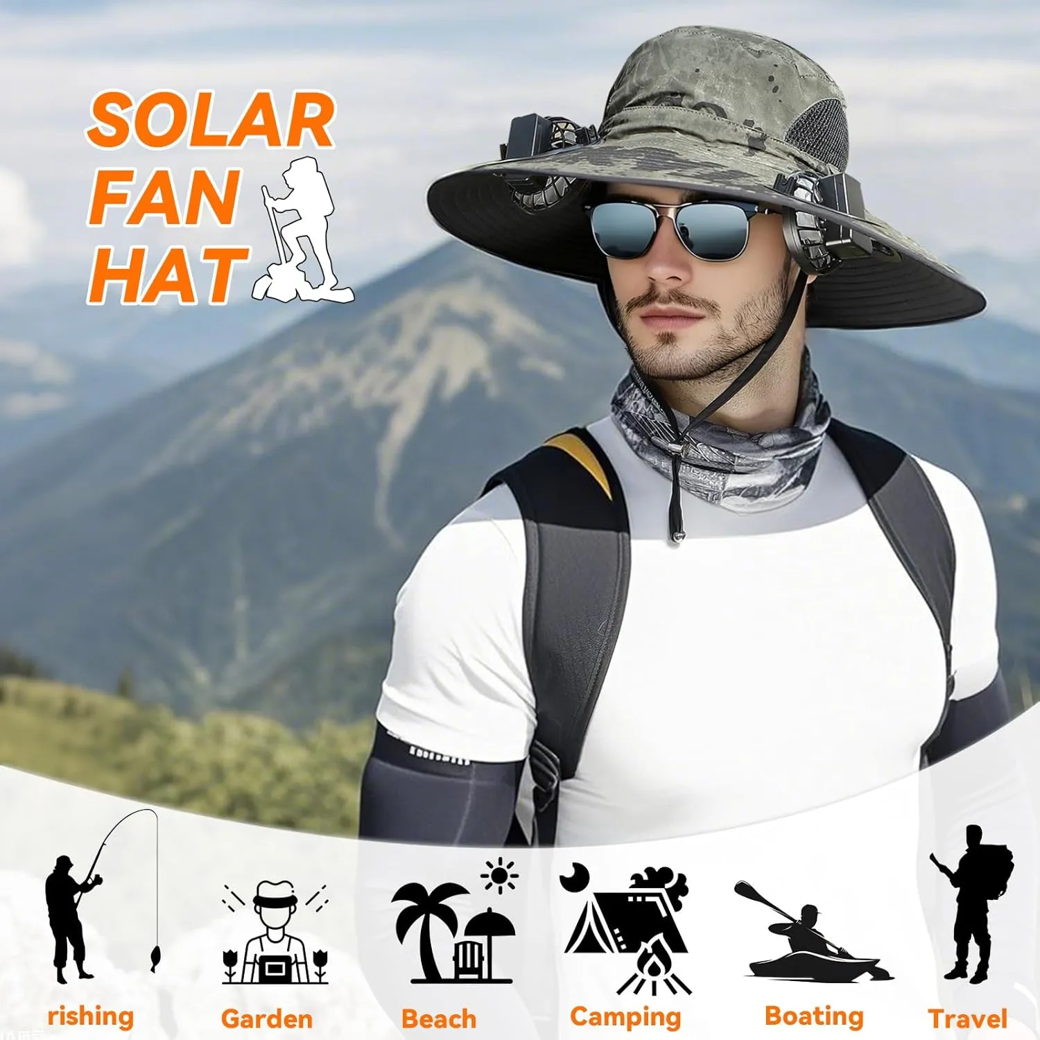 Solar Fan Hat, Wide Brim Sun Hat with 2 Built-in Solar Fans, UPF 50  Sun Protection Outdoor Fishing Hiking Camping Beach