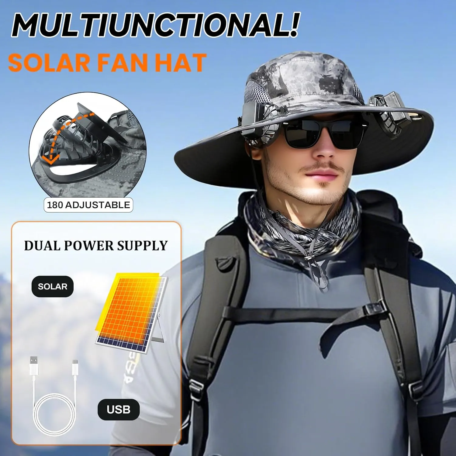Solar Fan Hat, Wide Brim Sun Hat with 2 Built-in Solar Fans, UPF 50  Sun Protection Outdoor Fishing Hiking Camping Beach