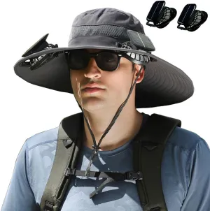 Solar Fan Hat, Wide Brim Sun Hat with 2 Solar Fan Large, USB UPF 50  Fishing Cap with Fans Built in for Men Women