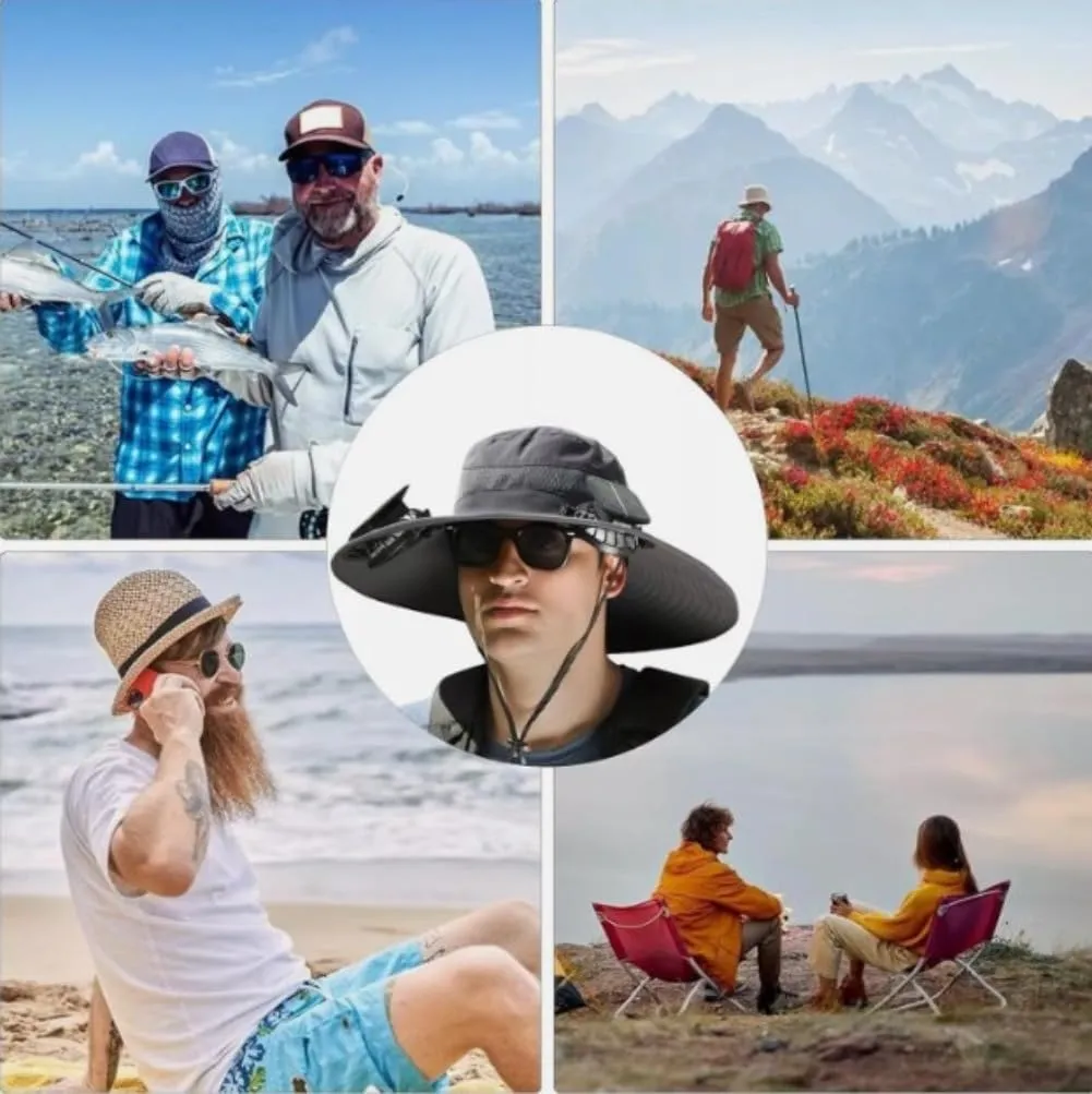 Solar Fan Hat with Fans Solar Power,Wide Brim Solar Powered FanHat for Men and Women Fishing,Solar & USB Charging