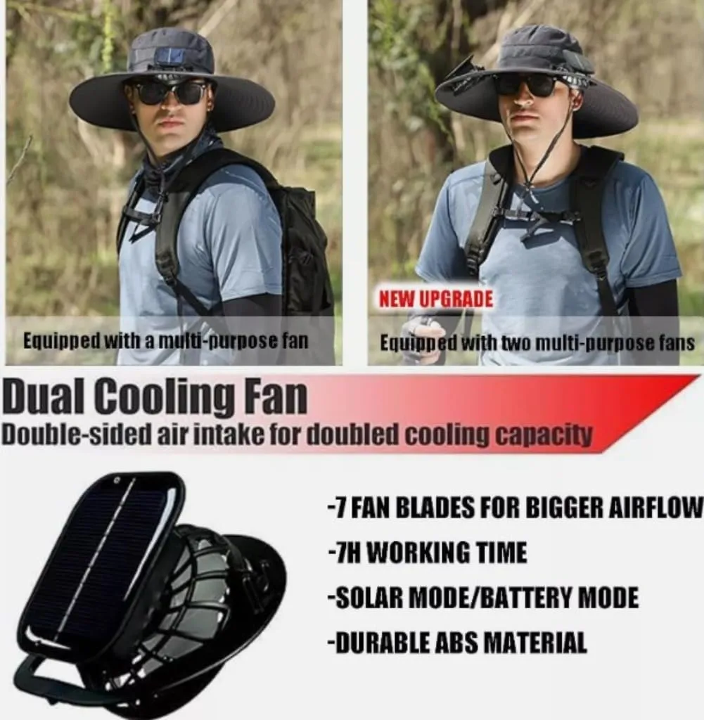 Solar Fan Hat with Fans Solar Power,Wide Brim Solar Powered FanHat for Men and Women Fishing,Solar & USB Charging