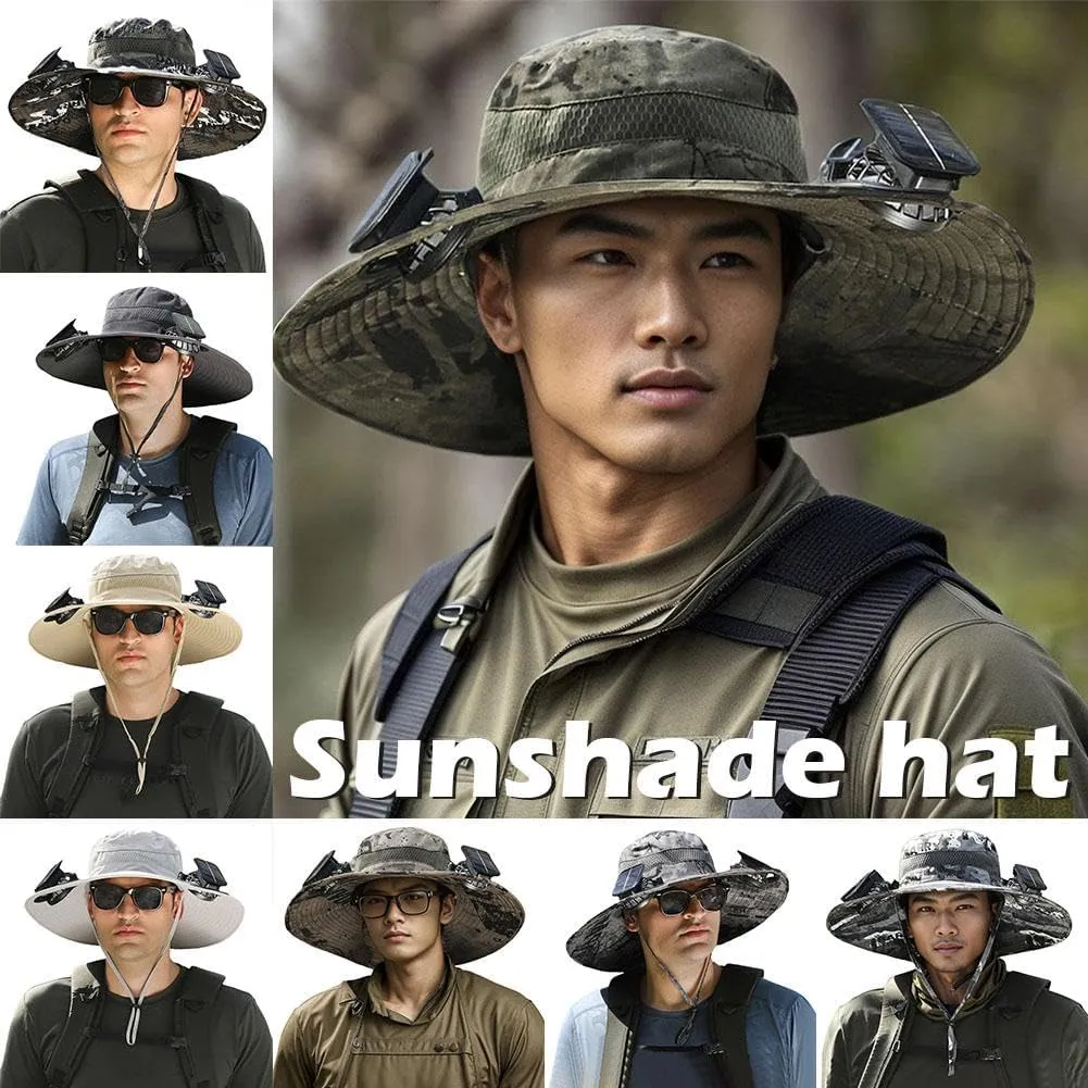 Solar Fan Hats for Men Outdoor Fishing Hat with 2 Fans UPF 50  Breathable Wide Brim Bucket Hat Solar & USB Charging