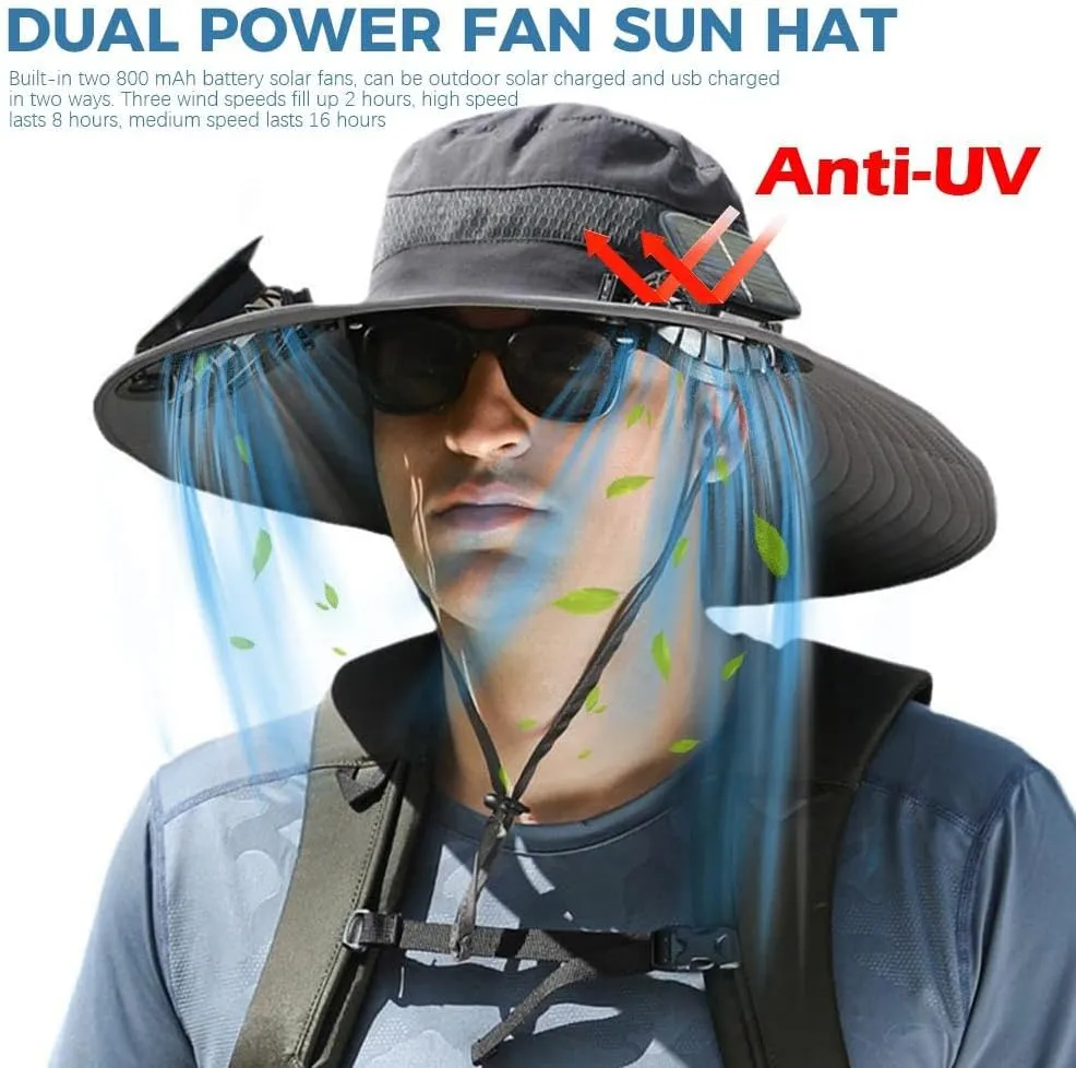 Solar Fan Hats for Men Outdoor Fishing Hat with 2 Fans UPF 50  Breathable Wide Brim Bucket Hat Solar & USB Charging