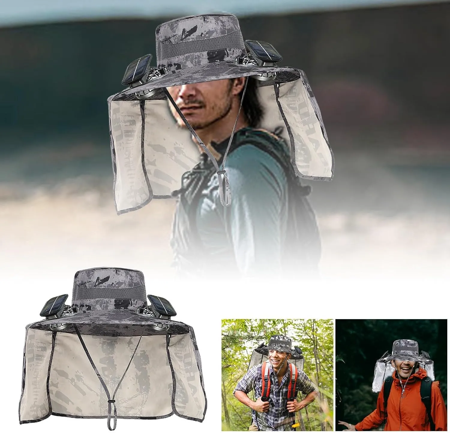 Solar Fan Sun Hat for Men Women Fishing Hat with Neck Flap Wide Brim Bucket Hat Uv Protection for Beach Camping Hiking