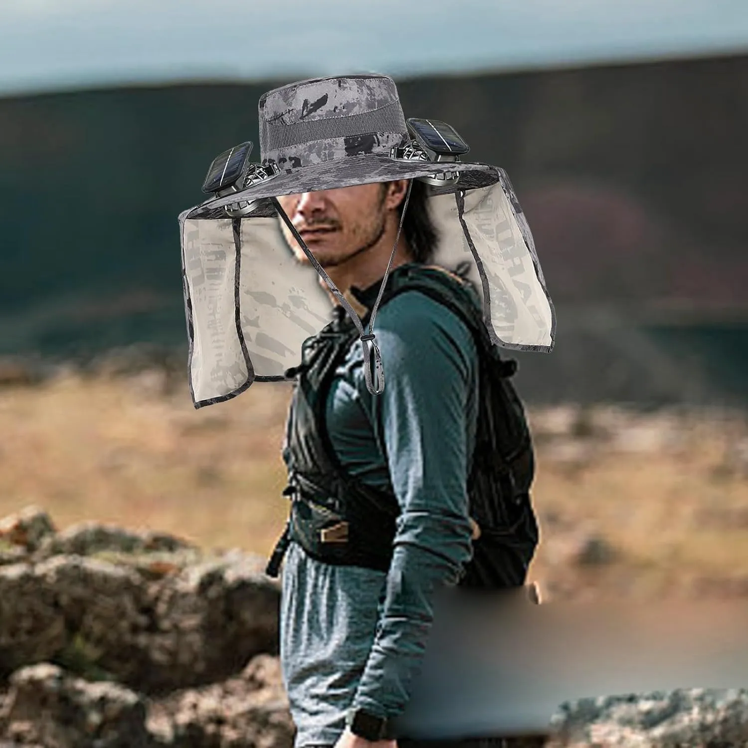 Solar Fan Sun Hat for Men Women Fishing Hat with Neck Flap Wide Brim Bucket Hat Uv Protection for Beach Camping Hiking