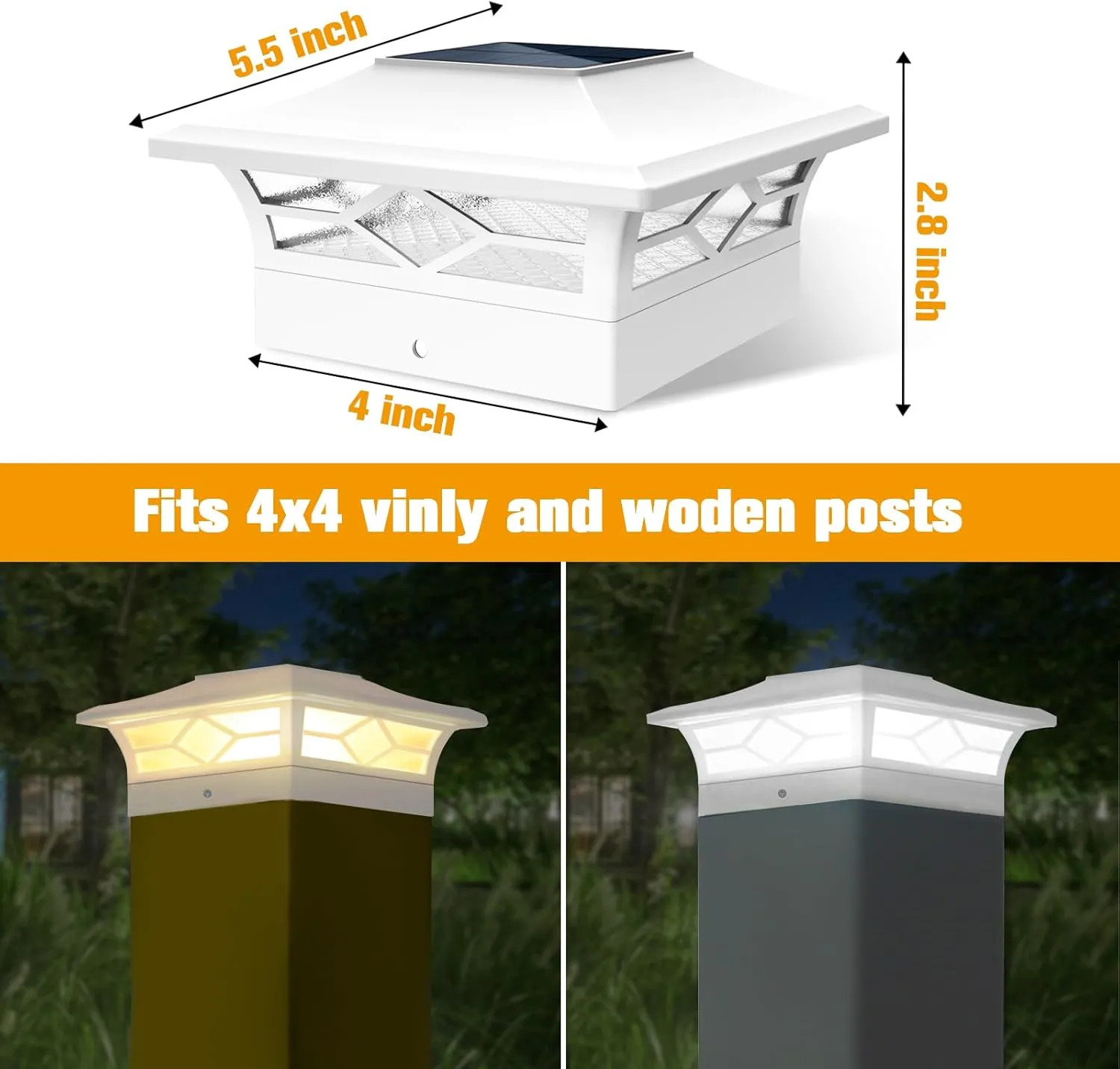 Solar Fence Post Lights - 4x4 Solar Post Cap Lights for Vinyl Fence, Outdoor Warm/Cool White Lighting, Waterproof Decorate Garden Pathway