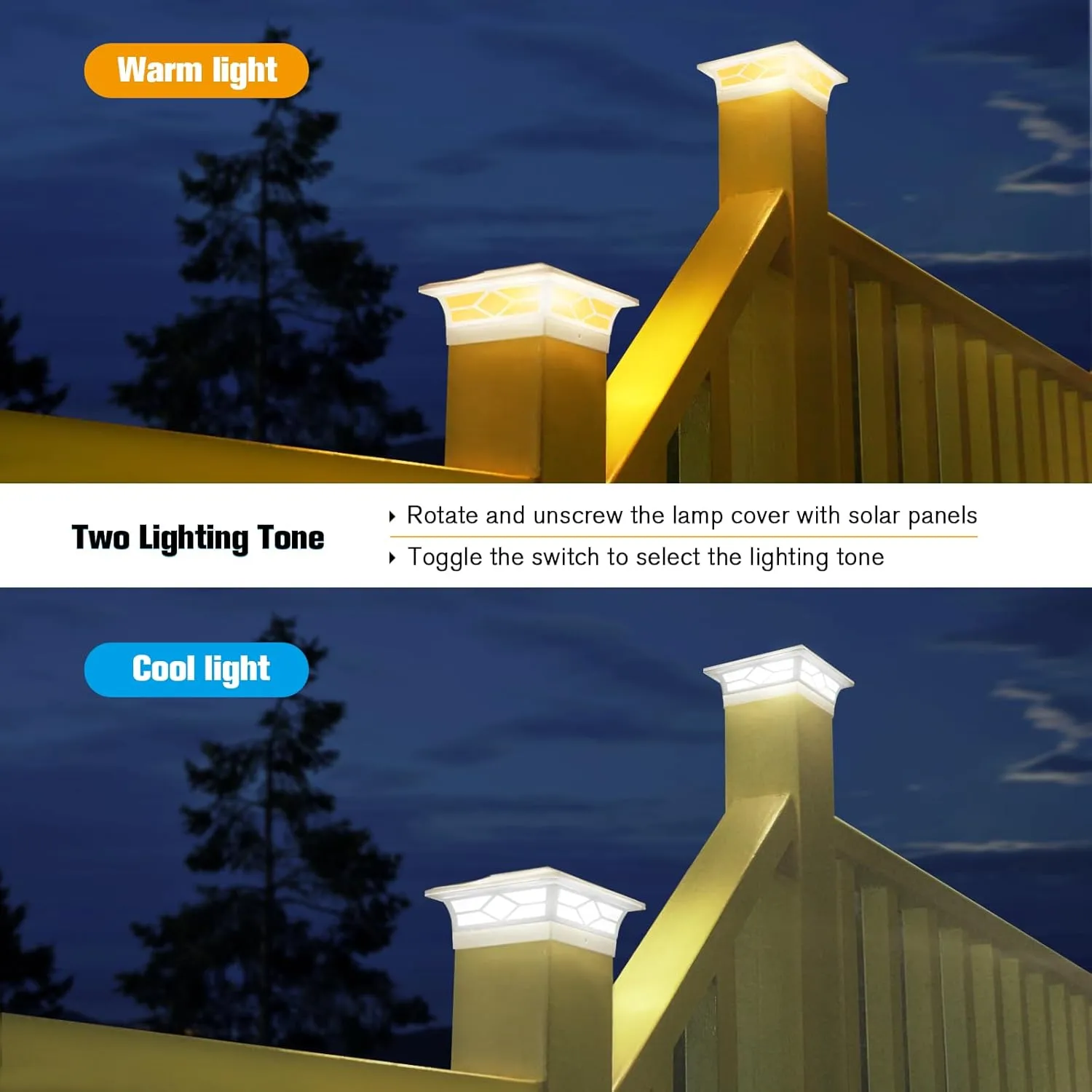 Solar Fence Post Lights - 4x4 Solar Post Cap Lights for Vinyl Fence, Outdoor Warm/Cool White Lighting, Waterproof Decorate Garden Pathway