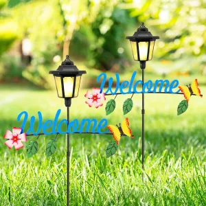 Solar Garden Lights Butterfly, 36.6 Inch Solar Lamp Post Light with Welcome Sign & Butterflies, Outdoor Waterproof Solar Stake Lights for Yard Porch Patio Pathway Gardening Gifts, 2 Pack