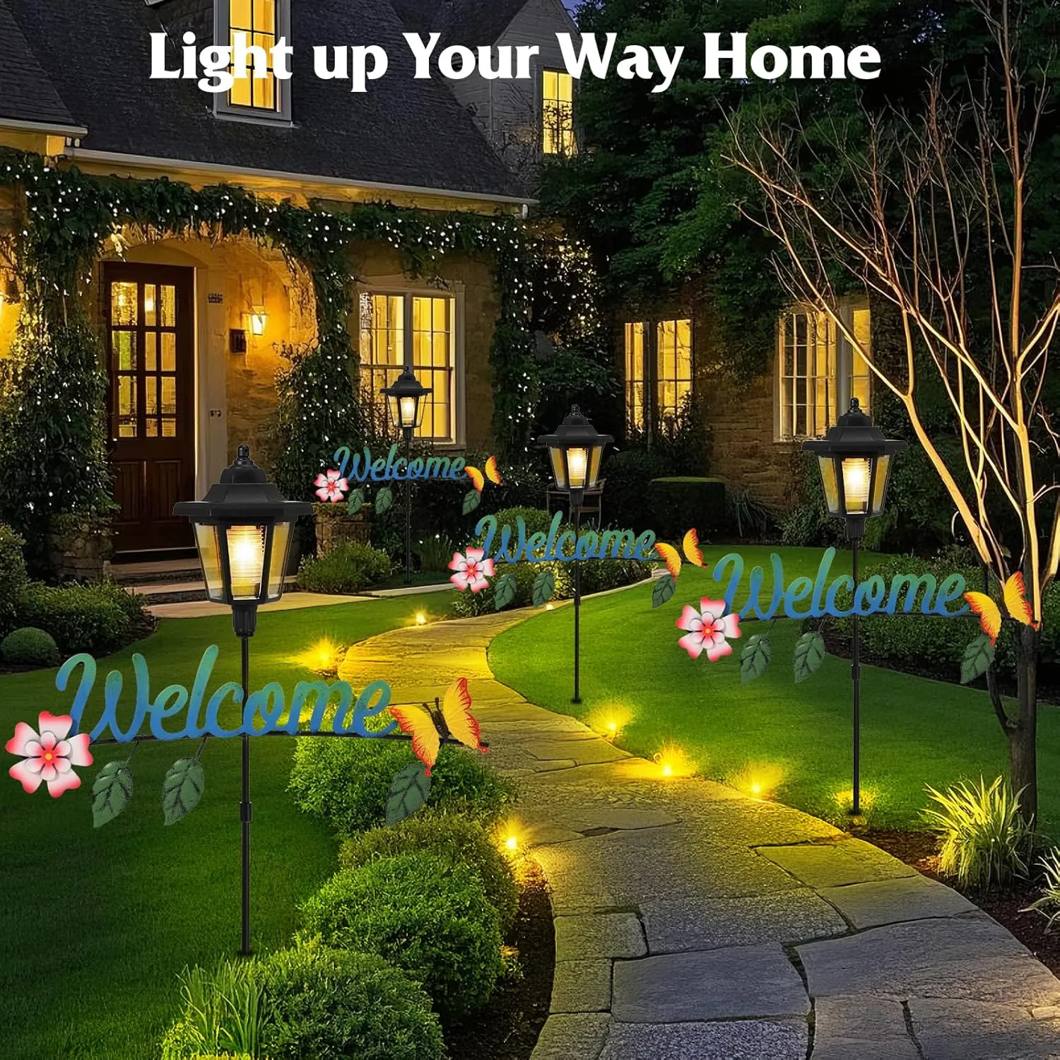 Solar Garden Lights Butterfly, 36.6 Inch Solar Lamp Post Light with Welcome Sign & Butterflies, Outdoor Waterproof Solar Stake Lights for Yard Porch Patio Pathway Gardening Gifts, 2 Pack