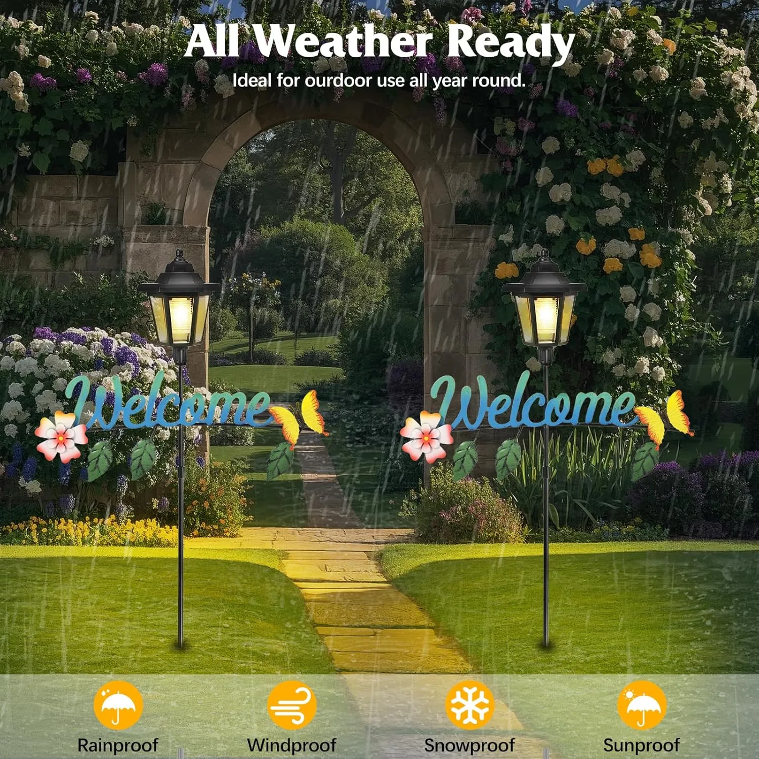 Solar Garden Lights Butterfly, 36.6 Inch Solar Lamp Post Light with Welcome Sign & Butterflies, Outdoor Waterproof Solar Stake Lights for Yard Porch Patio Pathway Gardening Gifts, 2 Pack