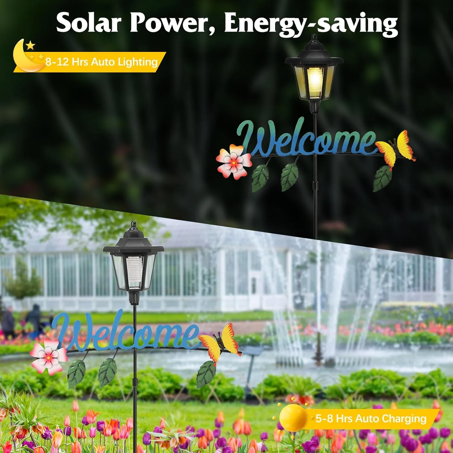 Solar Garden Lights Butterfly, 36.6 Inch Solar Lamp Post Light with Welcome Sign & Butterflies, Outdoor Waterproof Solar Stake Lights for Yard Porch Patio Pathway Gardening Gifts, 2 Pack