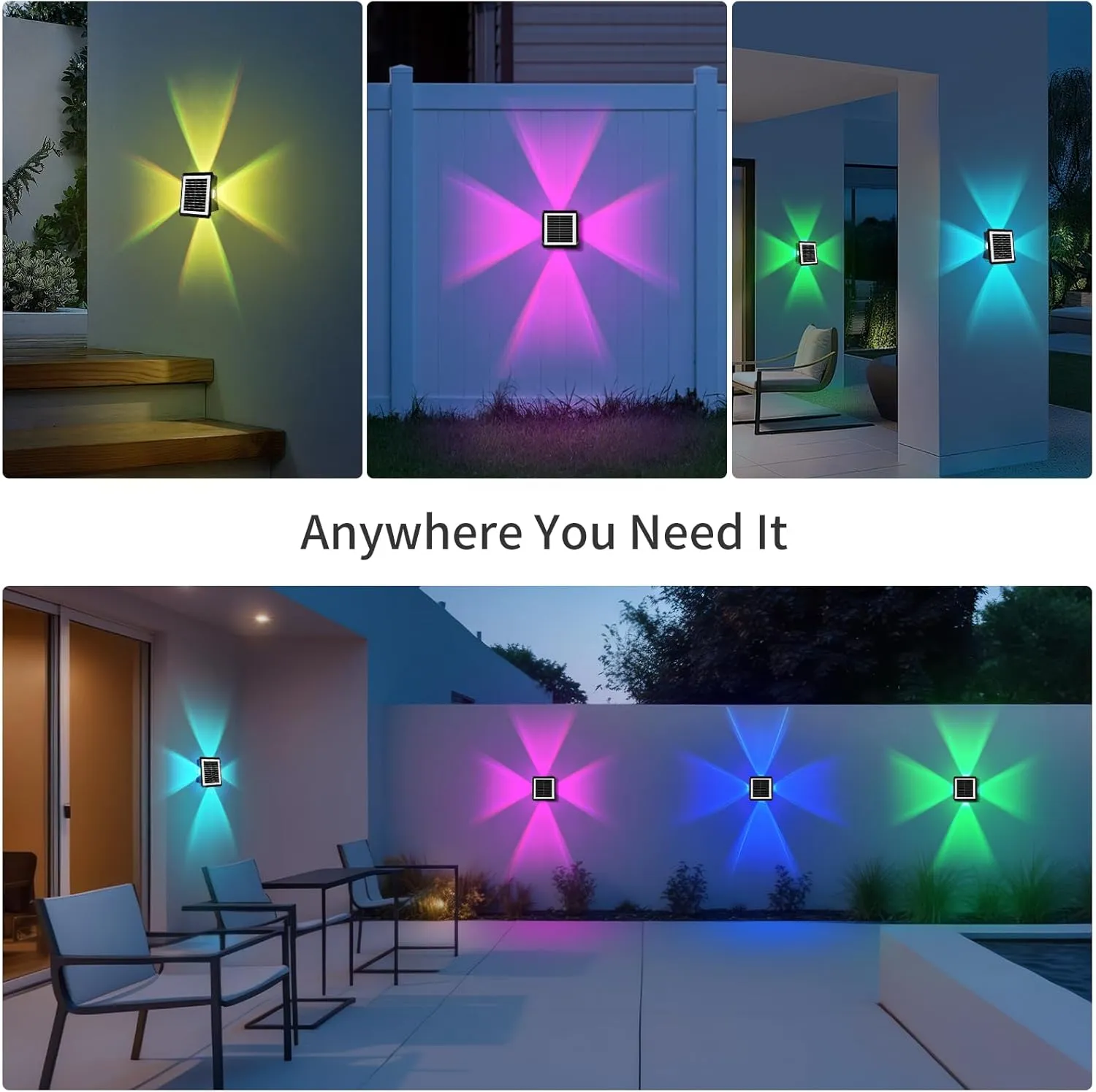 Solar Outdoor Wall Lights, Up & Down Solar Powered Lighting, Waterproof IP65 Fence Light for Yard/Pool/Porch/Patio/Railing (4 Led-RGB Light, 4 Pack)