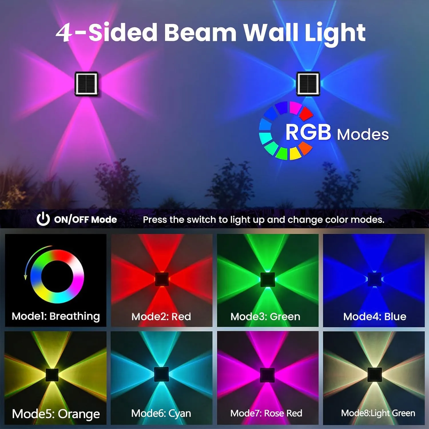 Solar Outdoor Wall Lights, Up & Down Solar Powered Lighting, Waterproof IP65 Fence Light for Yard/Pool/Porch/Patio/Railing (4 Led-RGB Light, 4 Pack)