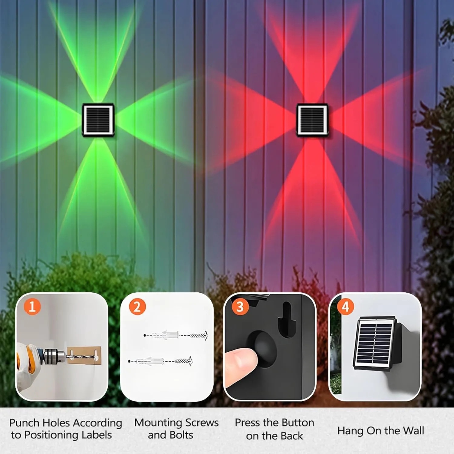 Solar Outdoor Wall Lights, Up & Down Solar Powered Lighting, Waterproof IP65 Fence Light for Yard/Pool/Porch/Patio/Railing (4 Led-RGB Light, 4 Pack)