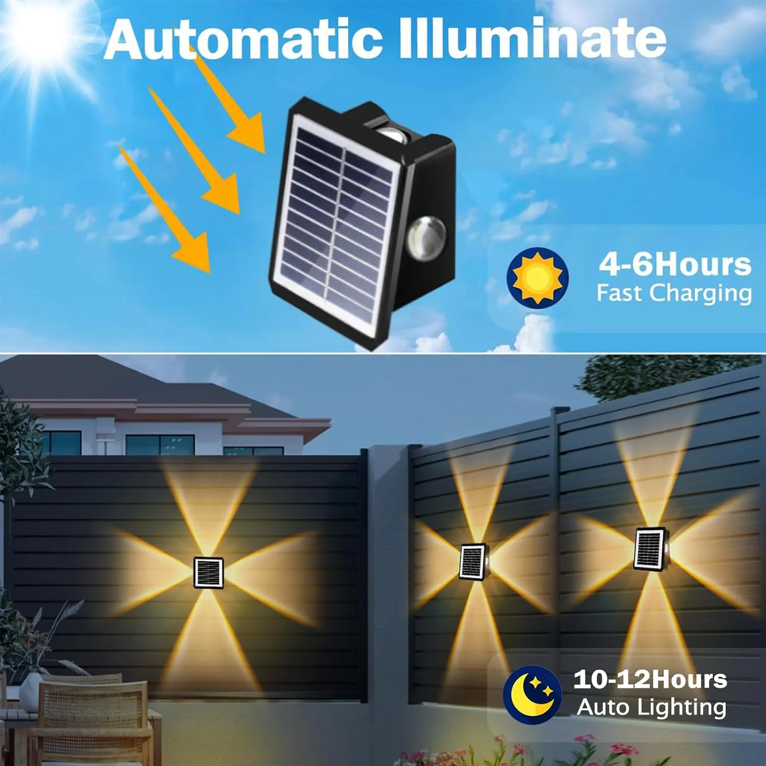 Solar Outdoor Wall Lights, Up & Down Solar Powered Lighting, Waterproof IP65 Fence Light for Yard/Pool/Porch/Patio/Railing (4 Led-Warm Light, 4 Pack)