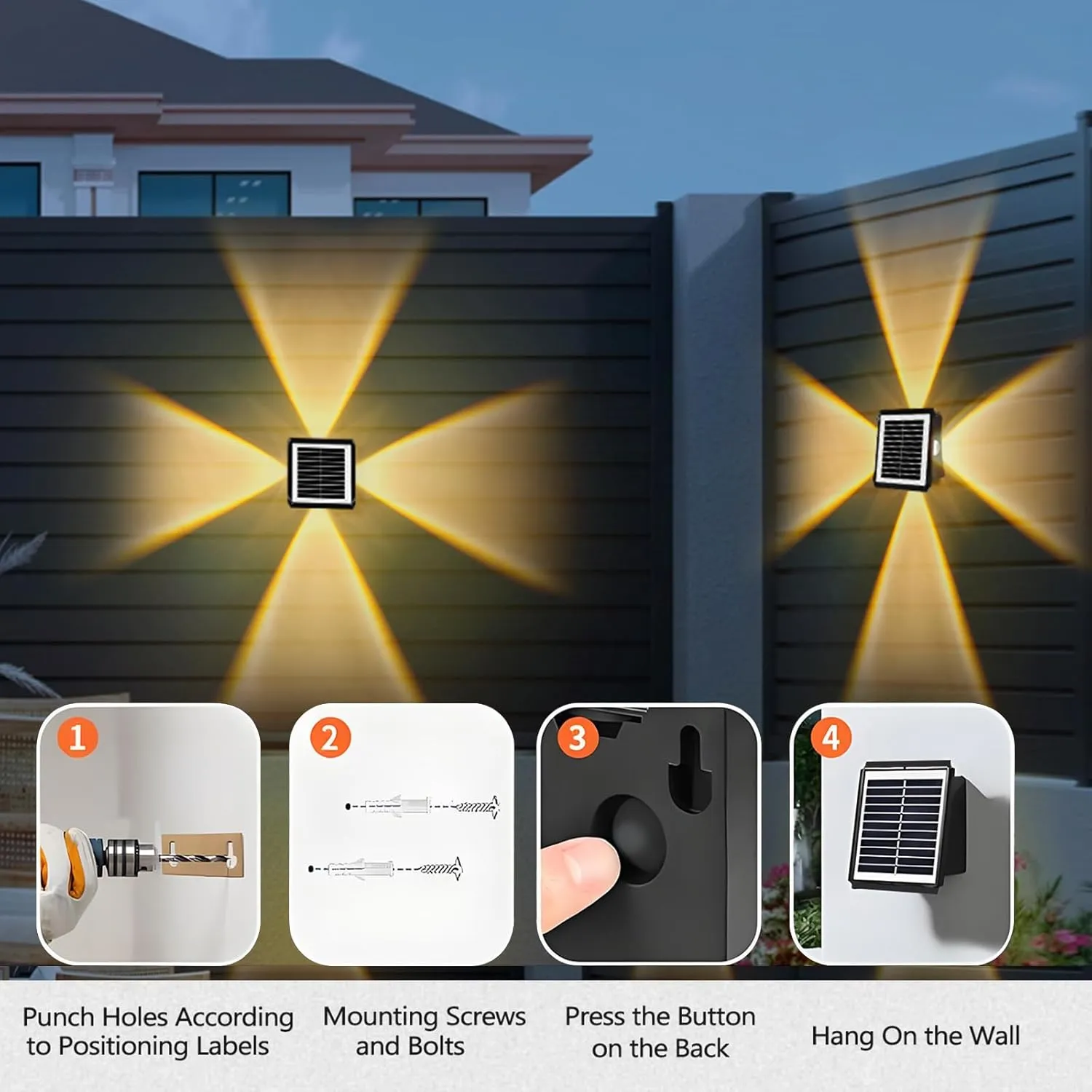 Solar Outdoor Wall Lights, Up & Down Solar Powered Lighting, Waterproof IP65 Fence Light for Yard/Pool/Porch/Patio/Railing (4 Led-Warm Light, 4 Pack)