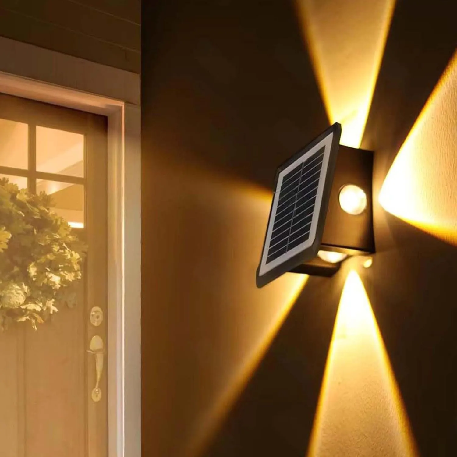 Solar Outdoor Wall Lights, Up & Down Solar Powered Lighting, Waterproof IP65 Fence Light for Yard/Pool/Porch/Patio/Railing (4 Led-Warm Light, 4 Pack)