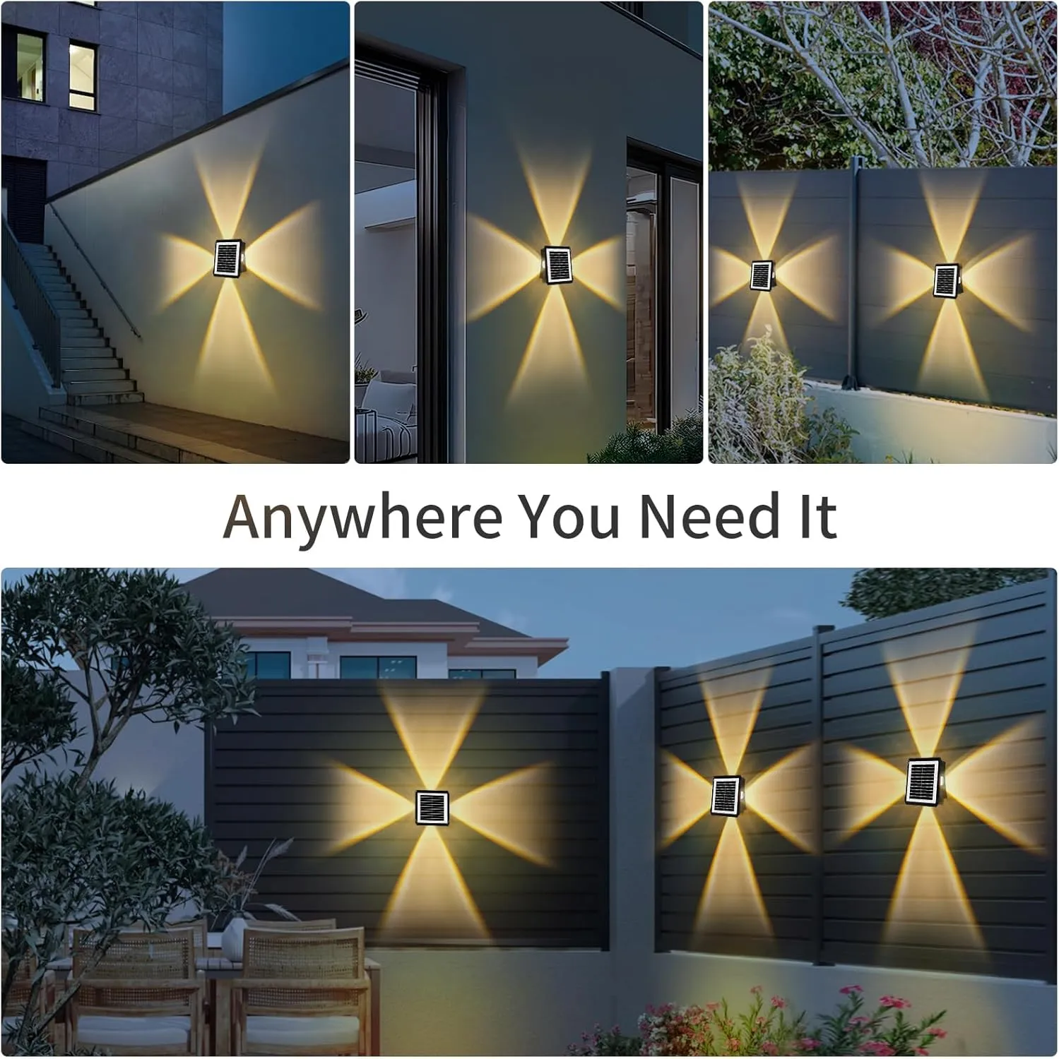 Solar Outdoor Wall Lights, Up & Down Solar Powered Lighting, Waterproof IP65 Fence Light for Yard/Pool/Porch/Patio/Railing (4 Led-Warm Light, 4 Pack)