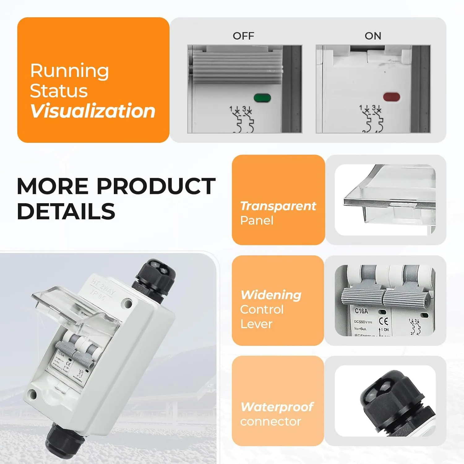 Solar Panel Disconnect Switch 16A 550V Solar Shut Off Switch Outdoor DC Miniature Circuit Breaker Box, IP65 Waterproof UV-Proof for Solar PV Home (16 Amp)