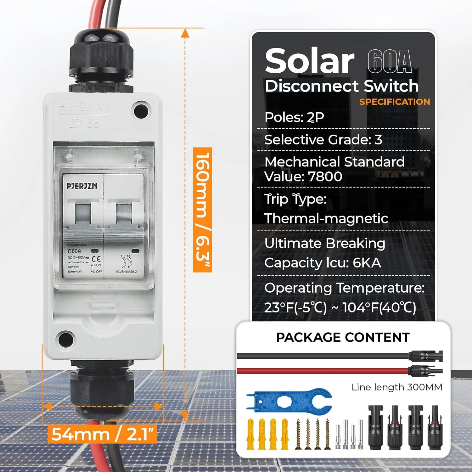Solar Panel Disconnect Switch 60A 400V DC/AC Miniature Circuit Breaker with DIN Rail Box Enclosure Outdoor Small Breaker Box IP65 Waterproof UV-Proof for Solar PV Homes, Battery(60 Amp)