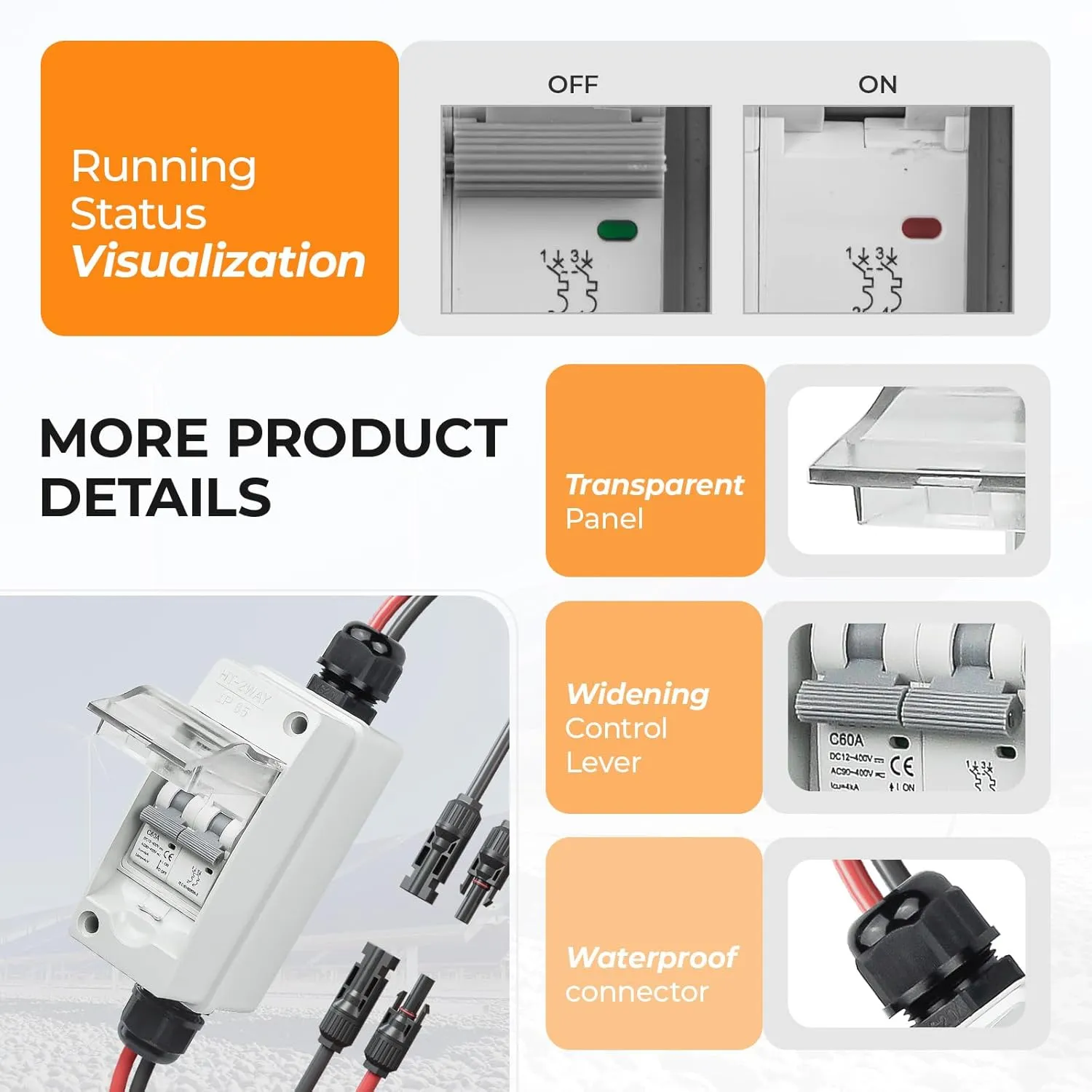 Solar Panel Disconnect Switch 60A 400V DC/AC Miniature Circuit Breaker with DIN Rail Box Enclosure Outdoor Small Breaker Box IP65 Waterproof UV-Proof for Solar PV Homes, Battery(60 Amp)