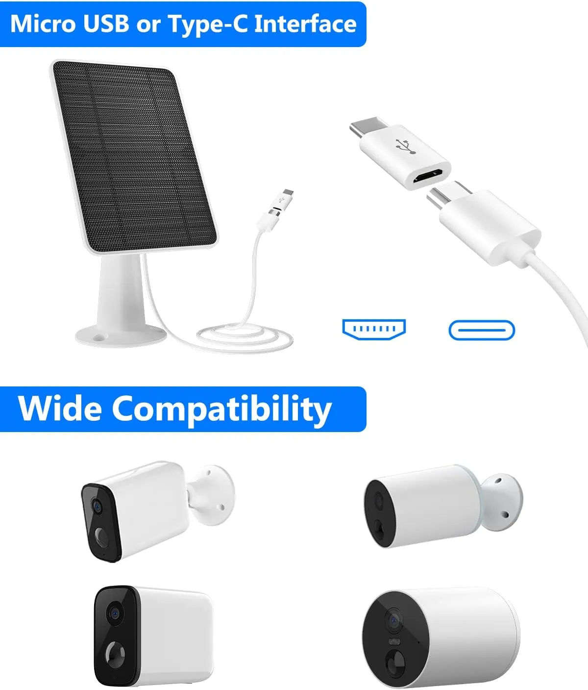Solar Panel for Security Camera, 5W USB Solar Panel for DC 5V Security Camera, Micro USB & USB-C Port Solar Panel, IP65 Waterproof Solar Charger for Camera,360° Adjustable Mounting 13ft Cable, 3 Pack