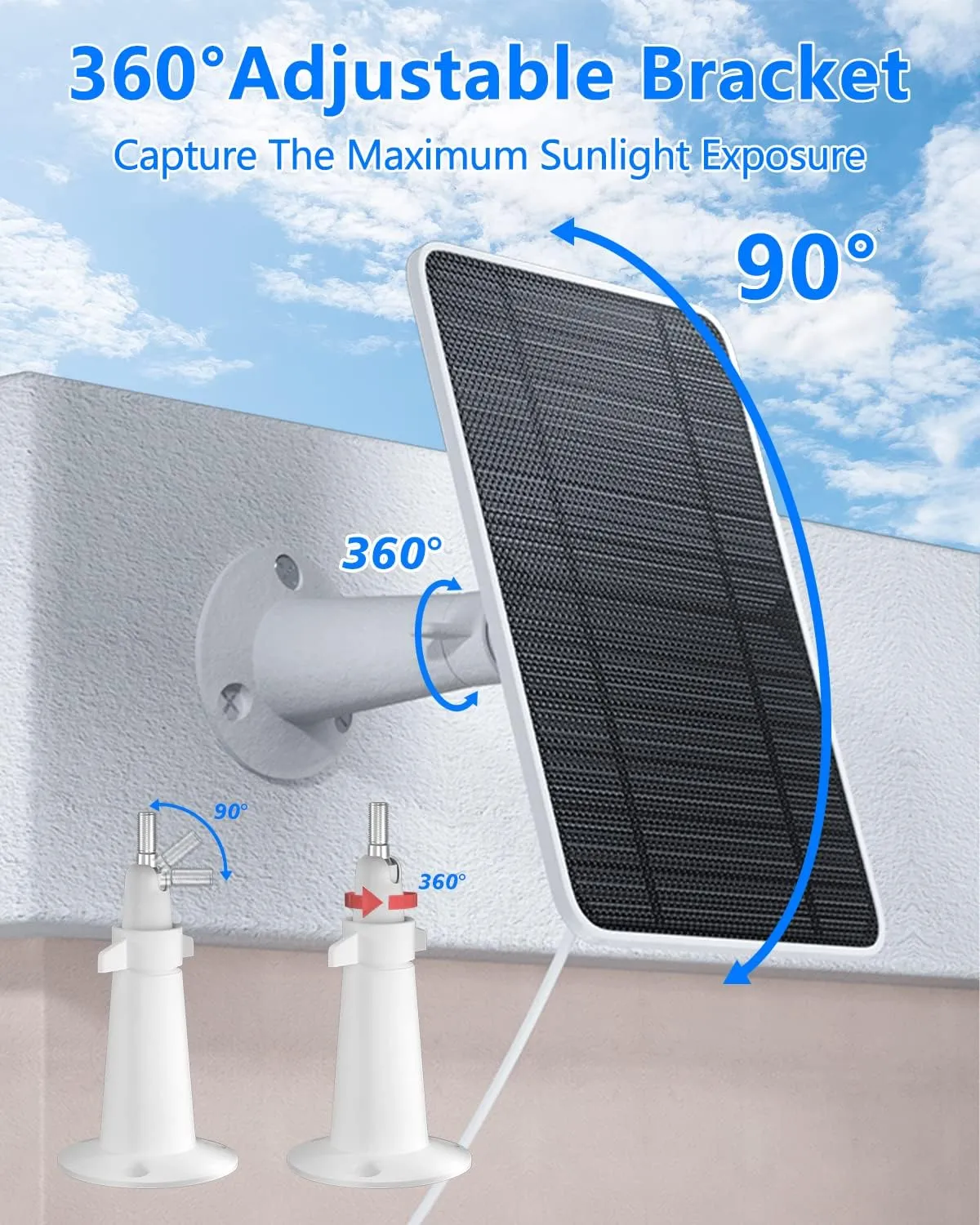 Solar Panel for Security Camera, 5W USB Solar Panel for DC 5V Security Camera, Micro USB & USB-C Port Solar Panel, IP65 Waterproof Solar Charger for Camera,360° Adjustable Mounting 13ft Cable, 3 Pack
