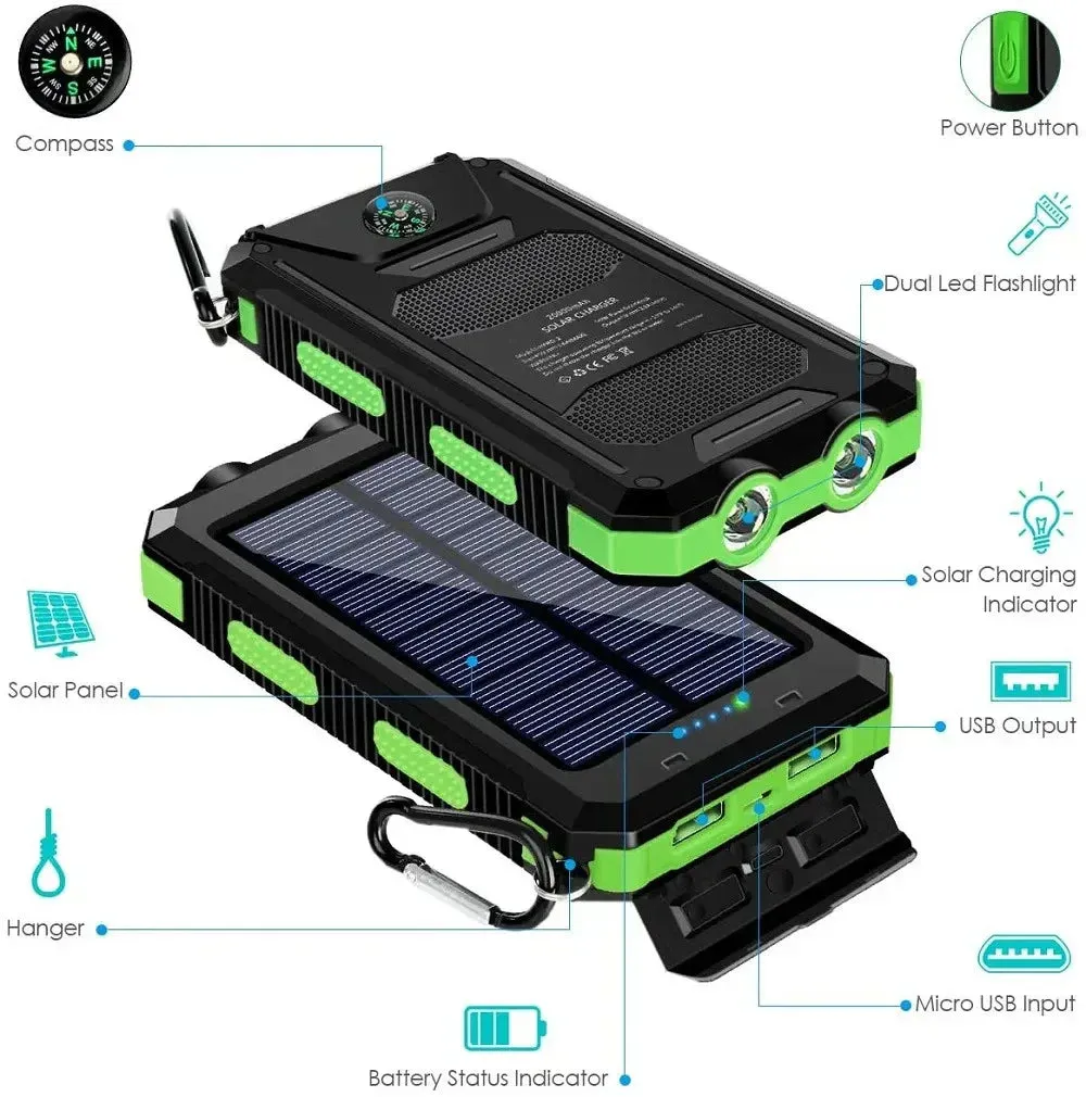 Solar Power Bank 200000mAh Portable Charging Poverbank External Battery Charger Strong Light LDE Light for All Smartphones
