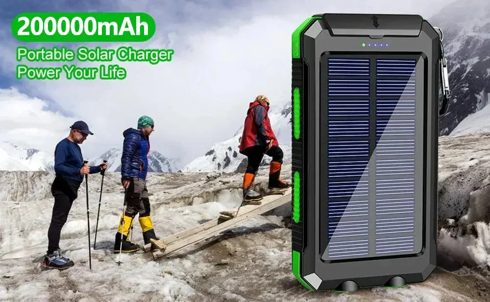 Solar Power Bank 200000mAh Portable Charging Poverbank External Battery Charger Strong Light LDE Light for All Smartphones