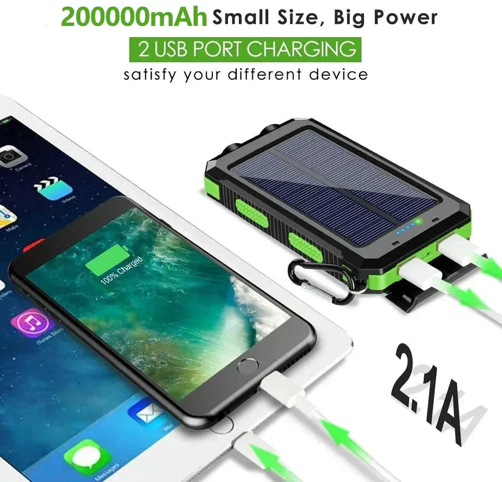Solar Power Bank 200000mAh Portable Charging Poverbank External Battery Charger Strong Light LDE Light for All Smartphones